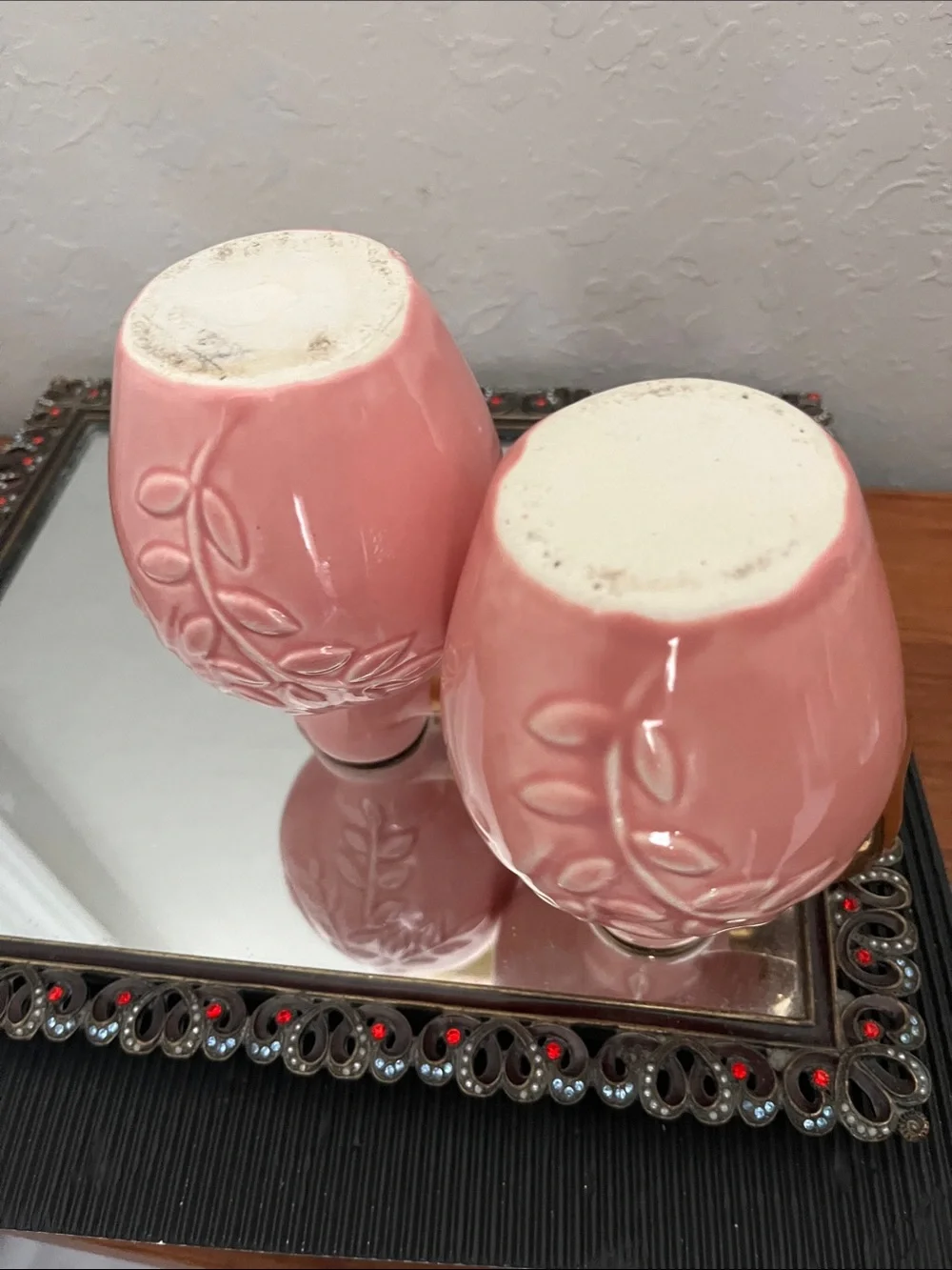 American Pottery VTG Pink Ceramic Rose Accent Pitcher (Set of 2) with Gold Trim